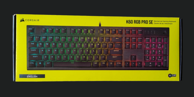 The packaging by Corsair in which the keyboard comes in